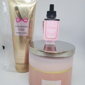 NEW Bath and Body Works set of 3 Champagne Toast products 3 wick candle, cream